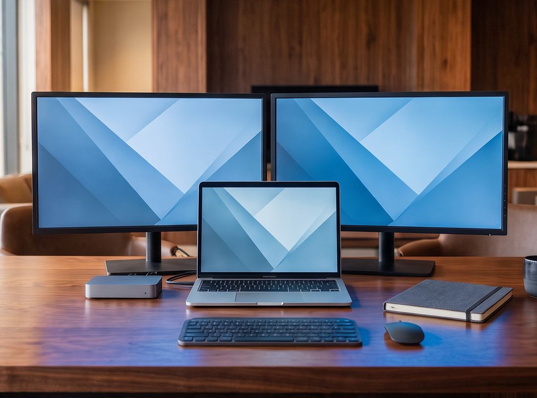 Complete werkplek met laptop, twee schermen, dock, toetsenbord en muis