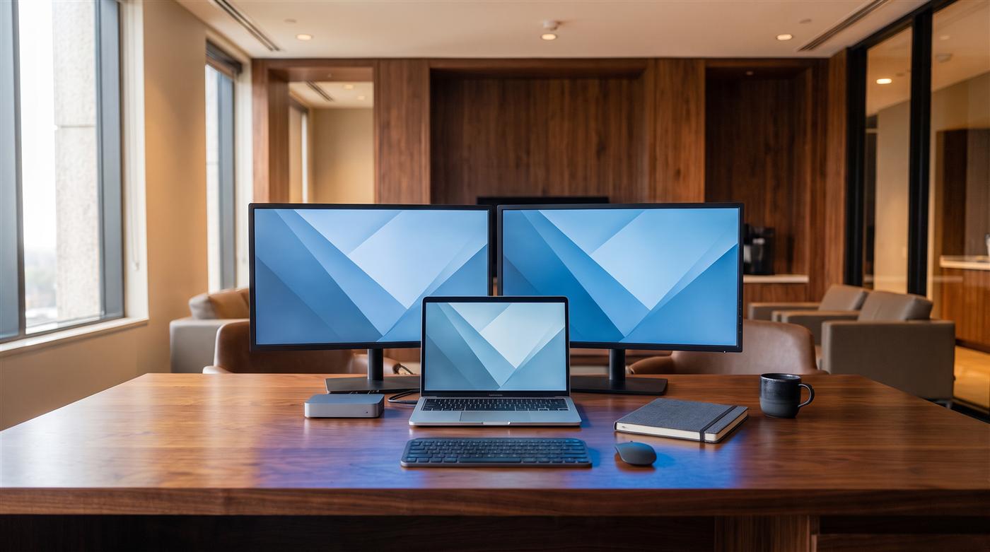 Complete werkplek op een houten bureau