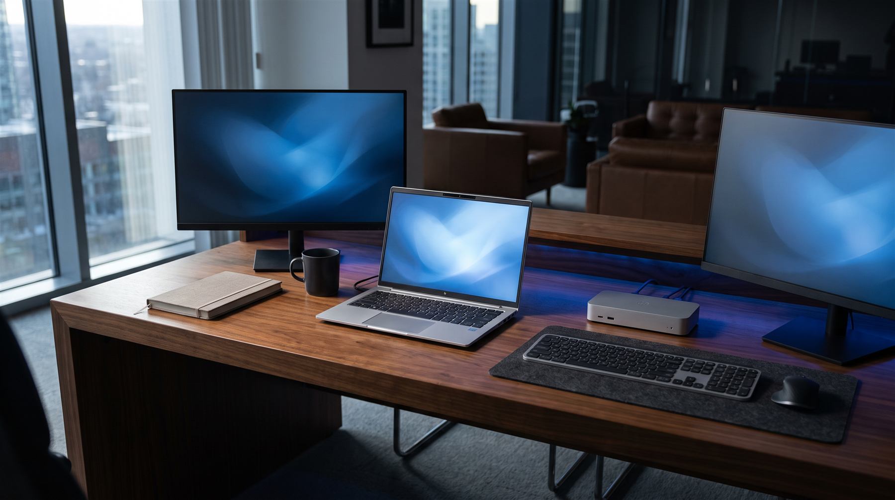 Werkplek met laptop, twee schermen, dock en toetsenbord op een houten bureau