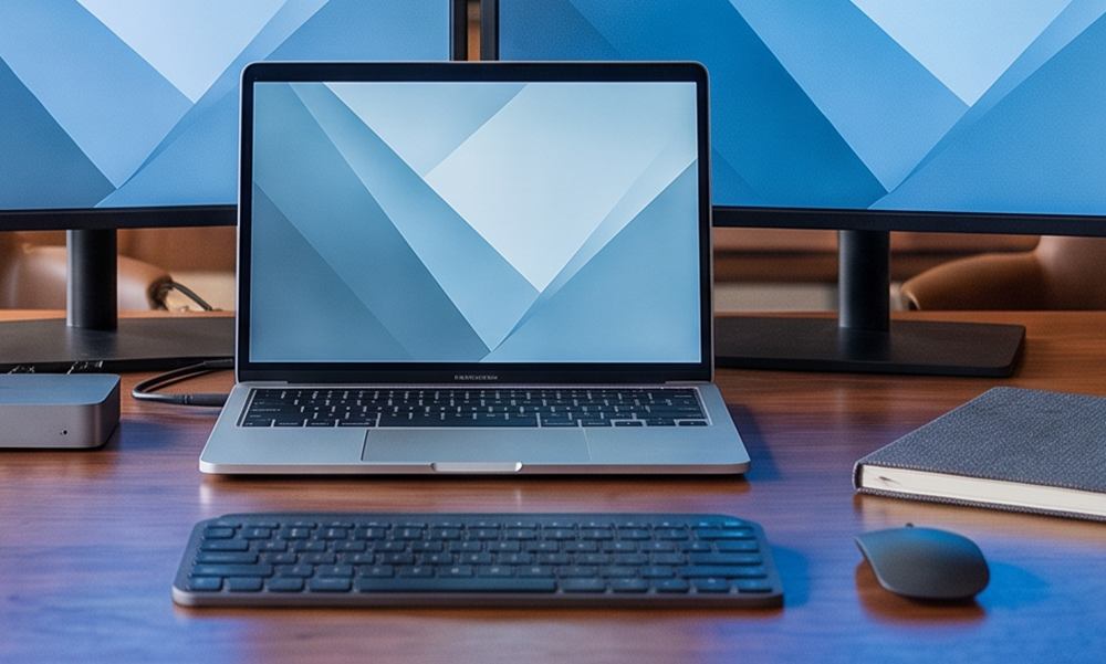 Beveiligde laptop op een houten bureau